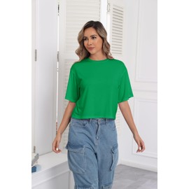 PRIMODA Women's Loose Fit Cropped T Shirts Crew Neck Half Sleeve Crop Tops Patrick's Day Kelly Green Tee Shirts, S