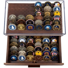 Military Challenge Coins Display Holder with American Flag and Clear Cover - Solid Wood Challenge Coin Stand with Drawer, Challenge Coin Display Case for Collector, Military Coin Holder Rack for Desk