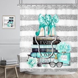 Riyidecor Fashion Women Shower Curtain 60Wx72H Inch Teal Silver Modern Magazine Girly White Stripe Rose Flower High Heel Makeup for Girl Bathroom Decor Fabric Polyester Waterproof 12 Pack Hooks