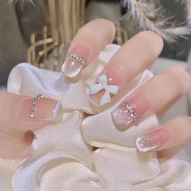 [Overseas] Gel Nail Sticker Wearable Nail Sticker Fake Nail Patch Removable Broken Diamond Bow Nail Patch Fairy Free Size/ Pointed Ballet (12 pieces) 30ea