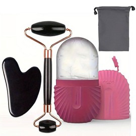 Rodillo de hielo y gua sha facial, kit de masaje para rostro, herramientas de masaje manual reutilizables, exquisita caja de regalo，adecuado para el cuidado de la piel facial (rose red)