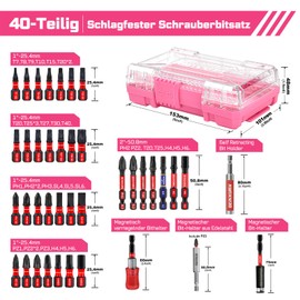 Geinxurn 40-Piece Screwdriver Bit Set Made of Impact-Resistant, S2 Steel, Magnetic Torx, Phillips, Pozidriv, Slotted, Hex Head Bit Set, 1/4 Inch Hex Shank, Includes Bit Holder with Pink Storage Box
