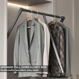 Pull Down Closet Rod for Hanging Clothes, Retractable Wardrobe Hanger for Cabinet Inside Width 21.6"~26", Aluminium alloy Tubing with Plastic Housing, 44 lb Weight Rating