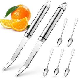 xianzhanEU 2Stück Grapefruitmesser Gebogenes, Grapefruitschäler, Gezacktes Grapefruitmesser für Grapefruit und Orangen Küchenwerkzeug mit 5 Grapefruit löffel