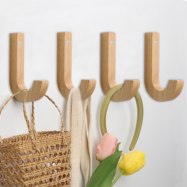 QMAHA Pack of 4 Wooden Coat Hooks, Modern Coat Hooks,