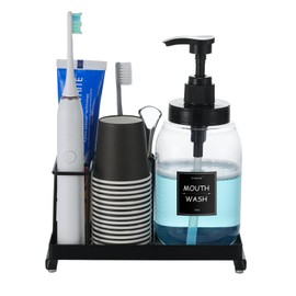 Mouthwash Dispenser with Toothbrush Holder,Mouth Wash Pump Bottle with Stainless Steel Cup Holder,24 OZ Refillable Clear Mouthwash Container with 21Pcs Paper Cups