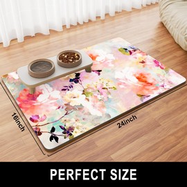 TMOODEL Dog Food Mat, 16" x 24" Flower Absorbent Dog Cat Bowl Mat for Food and Water, Cute Anti-Slip Rubber Pet Feeding Rug Protect Floors, Placemat for Feeding & Watering Supplies, Pink