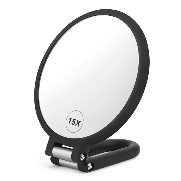 CLSEVXY Magnifying Handheld Mirror Double Sided, 1X 15X Magnification Hand Mirror, Travel Folding Held Adjustable Rotation Pedestal Makeup Desk Vanity