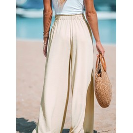 CUPSHE Women Wide Leg Pants High Waisted Trousers Linen Palazzo Lounge Beach Cover Ups Flowy Pants,S Beige