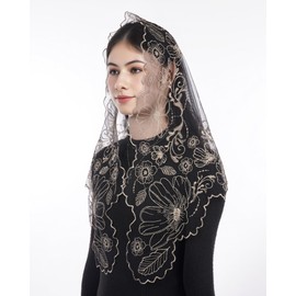 Bozidol Veils for Church Catholic, Triangle Black Gold Virgin Mary with Rose Floral Embroidered Lace Mantilla Chapel Veil, Religious Latin Mass Prayer Head Coverings for Women
