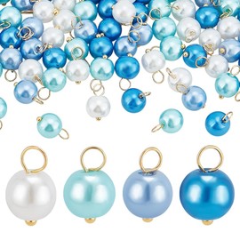 PH PandaHall 200pcs 4 Colors Glass Pearl Charms 8mm Imitation Pearl Pendants Blue Round Ball Beads Pearlized Glass Charms for Ocean Summer Jewelry Making DIY Bracelets Earrings Necklaces Crafts