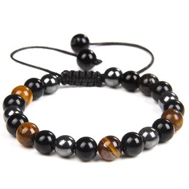 JEYORZY Tiger's Eye Bracelet, Black Obsidian, Pearl Bracelet Men, 8 mm, Elastic Ball Bracelet, Gift for Men Made of Real Natural Stones, Metal