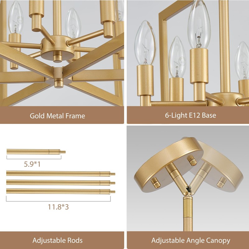 peskoe Gold Chandelier Modern Geometric 6-Light, Farmhouse Dining Room Light