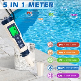 5-in-1 pH Meter with LCD Display, Precision Measurement of PH, TDS, EC, Temperature, T3 Water Quality Tester for Pool, Aquarium, Drinking Water and Hydroponics, Automatic Temperature Compensation