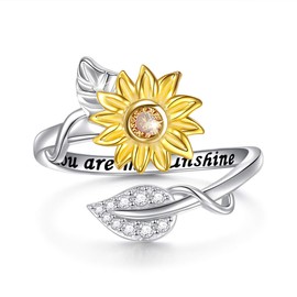 Flyow 925 Sterling Silver Ring Adjustable Open Sunflower and Leaves Rings with You are My Sunshine for Women Girls (P 1/2)