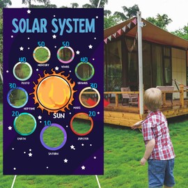 Solar System Science Toss Games Banner Backdrop Outer Space 9 Planets Universe Galaxy Theme Decor Decorations for Indoor Outdoor Boy Girl 1st Birthday Party Baby Shower Supplies Favors Background