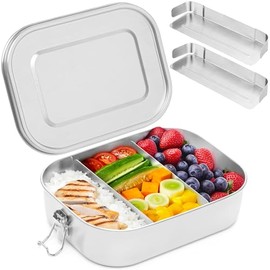 Everusely - Stainless Steel Lunch Box - 1400 ml, 2 Adjustable Dividers - Leakproof Snack & Salad Bento Containers for Adults & Kids - Food Storage Boxes with Lids for Work