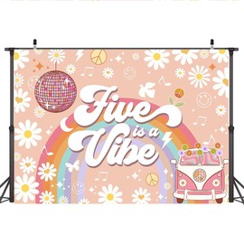 Lofaris 7x5ft Groovy 5th Birthday Backdrop Pink Daisy Rainbow Van Birthday Background Hippie Five is a Vibe Bday Photography for Kids Girl Party Banner Decorations Photo Booth Studio Prop
