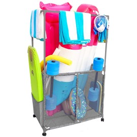 Pool Bins Pool Equipment Holder with Towel Drying Bars, Mesh Rolling Multi Use Storage Organizer Bin, Large Towel Hanger (25" L x 34.5" W x 62.6" H), Gray