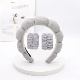 LEEMASING Spa Headband Wrist Towels Hairband Bracelet Set for Women Girls Makeup Shower (Light Grey)