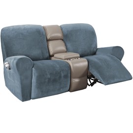 H.VERSAILTEX Velvet Stretch Recliner Couch Covers 6-Pieces Recliner Loveseat Covers for 2 Cushion Couch Recliner Sofa Covers Reclining Slipcovers Form Fitted Thick Soft Washable, Stone Blue