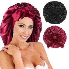 Classycoo Pack of 2 Large Sleep Caps, Adjustable Sleeping Cap for Women and Girls, Shower Cap for Sleeping with Elastic Band - for Curls Sleep Cap for Long Hair (Black + Red)