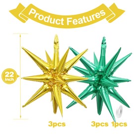 Green Gold Star Balloons, 22 Inch Green and Gold Foil Explosion Star Balloons, Large Spike Balloons Mylar Star Cone Balloons, for Birthday Graduation St. Patrick's Day Jungle Party Backdrop Decoration