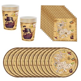 BlinBlin Pirate Party Tableware Set Made of Paper, Pirate Tableware Set, Plates, Paper Napkin, Paper Cups, with Pirate Flag Pattern, Pirate Children's Birthday Decoration Tableware Set, for 20 Guests