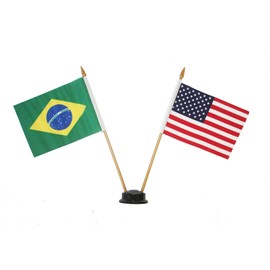 USA & BRASIL BRAZIL Small 4 X 6 Inch Mini Double Country Stick Flag Banner with BLACK STAND on a 10 Inch Plastic Pole .. New