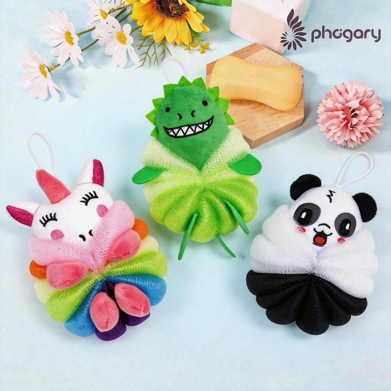 PHOGARY 3 Pack Bath Loofahs, Shower Sponge Balls Animal Mesh