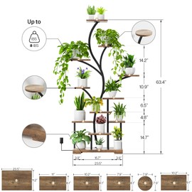BELLEZE 63 Inch 11-Tier Metal Plant Stand with LED Grow Lights, Tall Indoor Plant Shelf & Corner Flower Display Rack for 15-18 Pots of Large Plants in Living Room, Bedroom, or Balcony (Brown)
