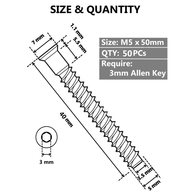 Confirmat Screws, 50PCs M5 x 50mm, Hex Socket Drive Countersunk