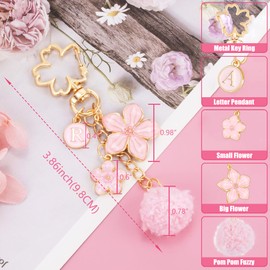 XGALBLA Pink Cute Flower Initial Letter Keychain for Women, Flower Keychains with Pom Pom Fuzzy Keychains Bag Charms for Purse, Car Key, Handbags,Backpacks(T)