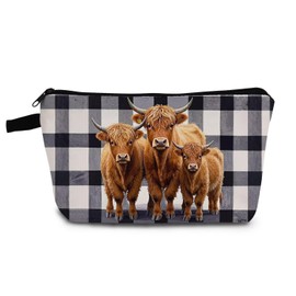 YULUENZE Checkered Highland Cattle Makeup Bag Cute Small Organizer Bag with Zipper Checkered Highland Cattle Cosmetic Bag Aesthetic Birthday Present for Women Friends -2