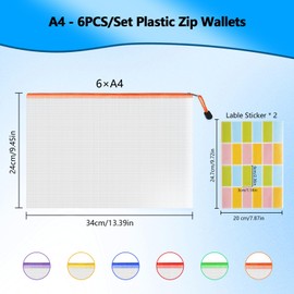 Plastic Wallets A4 Zip Folders - 6PCS Waterproof Zip Lock Bags Document Wallet Zipper File Bag Mesh Zipped Pouch Bags for School, Office, Home and Travel (6 Colors)