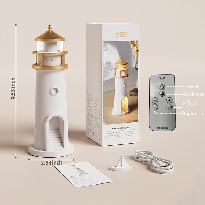 Aohcae Lighthouse Decoration, LED Moonlight Lamp with Remote Control, Night