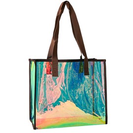TotePrint Holografische PVC Strandtasche, Transparent mit Braunen Griffen, Braune Strandtasche 35x31x12cm, Wasserdicht (Braun)