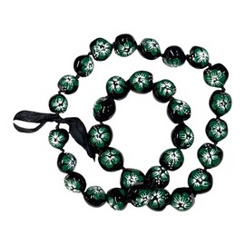 Aloha Passion Hawaiian Style Necklace Hawaii Black Kukui Nut Lei w/Hand Painted Green Hibiscus Flowers Ribbon Strung 32"