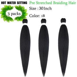 Pre Streched Braiding Hair Extensions 30 Inch 3 Packs Black Synthetic Braiding Hair Crochet Braids Hair Hot Water Setting Soft Yaki Texture (30",1B)