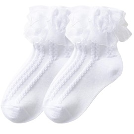 WBZOTSS 1 Pack Little Girls Cotton Lace Socks,Lace Ruffle Frilly Comfortable Princess Style Dress Socks (US, Age, 1 Year, 3 Years, White)