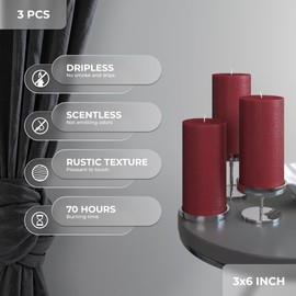 CANDWAX 3x6 Pillar Candle Set of 3 - Decorative Rustic Candles Unscented and No Drip Candles - Ideal as Home Decor Candles or Large Candles for Home Interior - Burgundy Candles