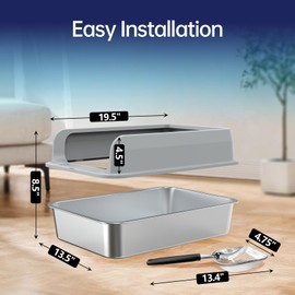 MAXTBEE Enclosed Cat Litter Box - Stainless Steel Litter Box with Scoop Kitty Litter Box with High Wall Sides Enclosure Easy to Clean Non-Stick Anti-Urine Leakage Litter Pan Tray (Side Pedal)