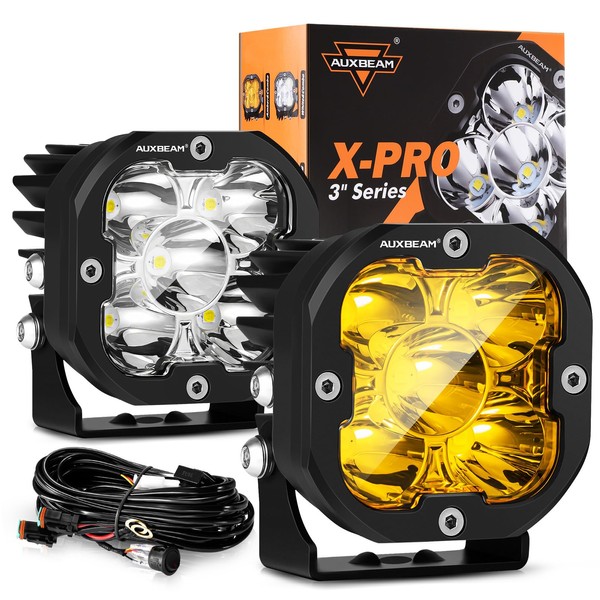 Auxbeam Hyperspot Light Pods 3 inch 80W, X-PRO Series 9600LM Super Bright Offroad Spot Light Bar LED Cubes, Yellow White Covers Replaceable 30° Focused Spotlight Amber Fog Lamp for Trucks, Pair