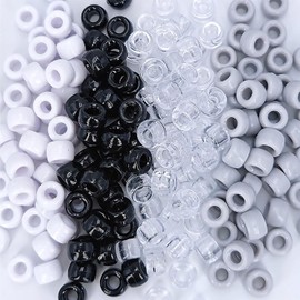 Oviovky 1200 PCS Pony Beads, 9mm Plastic Round Beads, 4 Colors (White, Black, Gray, Transparent) for Jewelry Making, Hair Braids, DIY Crafts