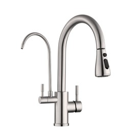 OUGOO 3-in-1 Kitchen Faucet, Stainless Steel Kitchen Sink Faucet with Pull Down Sprayer 2 Handle, Brushed