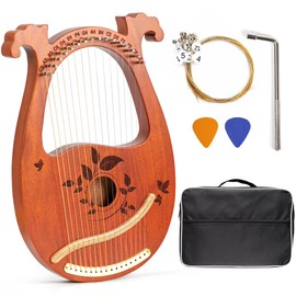 INKNOTE Lyre Harp Mahogany with Tuning Wrench and 16 Pcs Metal Spare String Set Manual Picks Black Gig Bag for Instrument Kids Adult Professional Beginner Music Lovers Gift