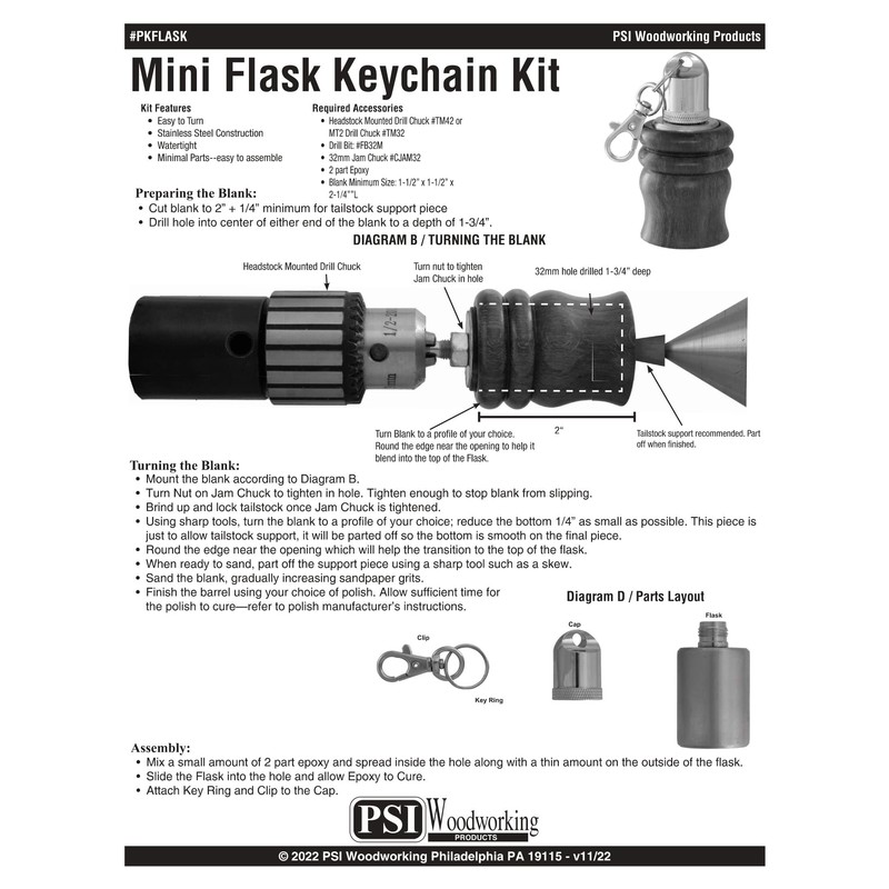 Penn State Industries PKFLASK Mini Flask Keychain Kit Woodturning Project