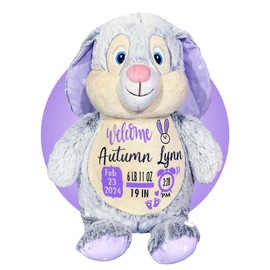 Birth Stats Stuffed Animal - Baby Birth Stats 17" Bunny Rabbit - Baby Keepsake - Baby Shower Gift - Birth Information Plush - Great 1st Stuffed Animal - Removable Cover (Lavender Bunny)