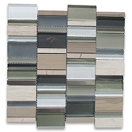 Stone Center Online Multicolor Glass Mix Wood Vein Marble and Stainless Steel Random Brick Mosaic Tile Kitchen Bath Wall Floor Backsplash Shower (1 Sheet)