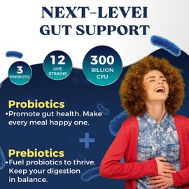 300 Billion CFU Probiotics & Prebiotics Culture Complex for Gut Health, High Strength 12 Multi Strains, Added 3 Prebiotics, Digestive Probiotics Supplement for Men & Women, 240 Vegan Capsules